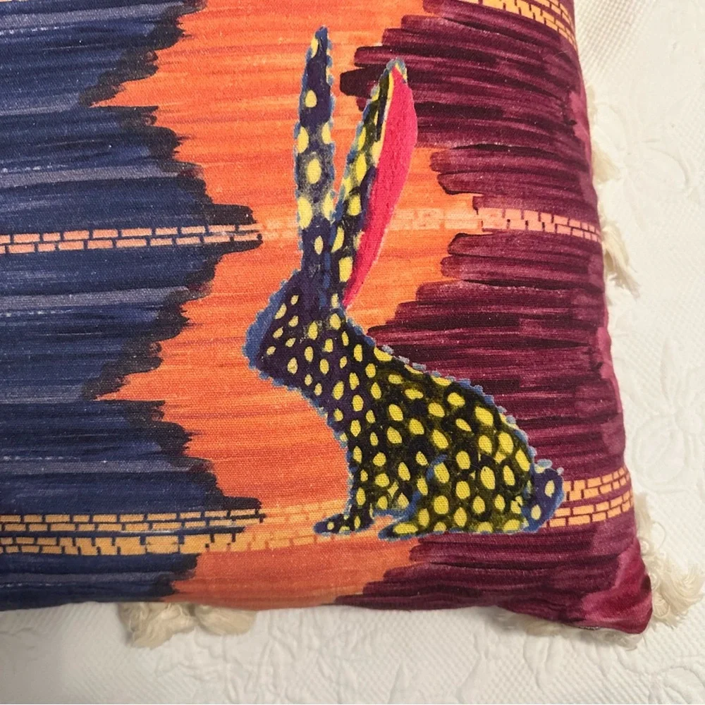 Anthropologie Talavera Colorful Rabbit Geometric Floral Pillow Cotton 20 x 20